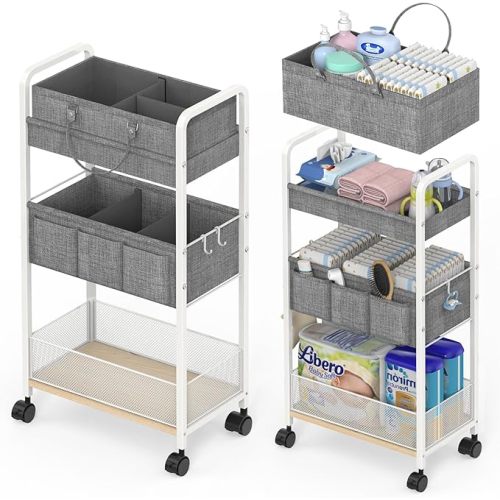 2In1 Baby Diaper Caddy & 3-Tier Rolling Diaper Cart, Diaper Caddy Organizer Cart with Dividers, Mobile Metal Utility Cart for Nursery Essentials, Detachable Bedside Cart, Large Capacity