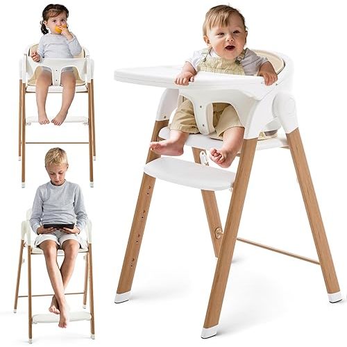 Baby High Chair Foldable, Adjustable High Chairs for Babies and Toddlers, Portable Highchair for Baby Chair with Removable Tray Dishwasher-Safe 6 Months up to 240 Lb.White