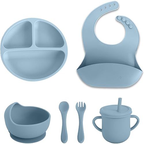 6 PCS Silicone Baby Feeding Set for Toddler First Eating - Led Weaning Supplies with Suction Divided Plate, Bowl, Cup, Bib, Spoon & Fork - Infant Self Feeding Dishes & Utensils (Light Blue)