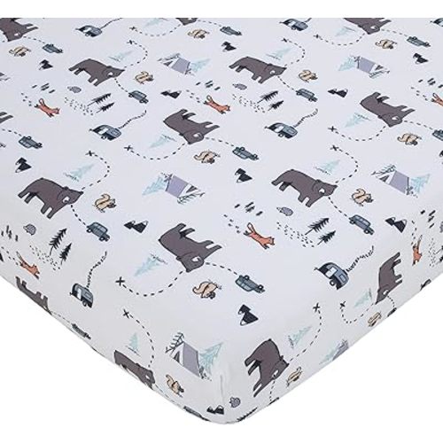 NoJo Carter's Woodland Friends White and Multi Colored Bear, Fox, Squirrel, Tree, and Camper Fitted Crib Sheet