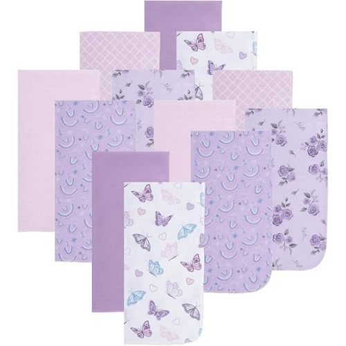 EVERYDAY KIDS 12 Pack Burp Cloths for Baby Girl; Newborn Essential with - Large Absorbent Cotton Flannel Purple/Pink Burping Cloths for Babies with Butterfly, Floral and Rainbow Prints and Solids