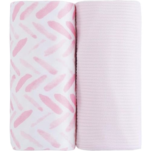 Viviland Jersey Swaddle Blanket, Ultra Soft Stretchy Receiving Blanket, Baby Girl Newborn Rainbow Swaddle Wrap, 40 x 30 inches, 2 Pcs, Pink Leaf