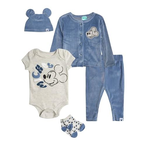 Disney Mickey Mouse Baby Boy Going Home Outfit Set - 5 Piece Onesie, Corduroy Shirt, Pants, Beanie Hat, and Socks (0-9M)
