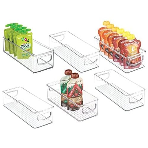 mDesign Plastic Stackable Small Organizing Bin Kitchen Pantry Cabinet, Refrigerator, Freezer Food Organization Storage Bins w/Handles, Drawer Container Organizer for Yogurt, Pouches - 6 Pack - Clear