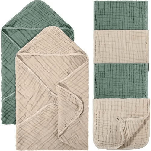 6 Pcs 6 Pcs Baby Muslin Hooded Bath Towels and Washcloths, 32 x 32 Inch Muslin Cotton Hooded Baby Towels Absorbent Hooded Blankets Newborn Infant (Beige,Green)
