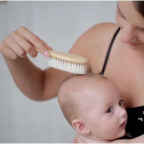 Chibello 4 Piece Wooden Baby Hair Brush and Comb Set Natural Goat Bristles Brush for Cradle Cap Treatment Wood Bristle Brush for Newborns and Toddlers Perfect for Baby Shower and Registry