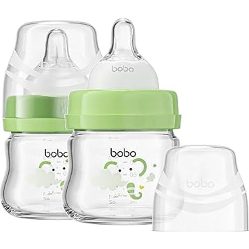 YOHKOH Glass Baby Bottles with Slow Flow Nipple, Newborn Anti-Colic Baby Bottles for 0+ Months, Wide Neck Feeding Bottle, Clear (Green, 2.7oz (Pack of 2))