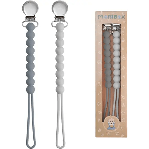 Pacifier Clip for Boys Girls - MORIBOX Paci Clip Soothie Baby Binky Holder for Shower Gift Birthday 2 Pack (Grey)