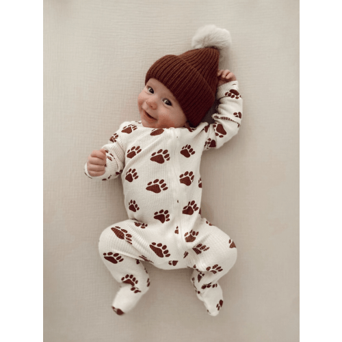 Organic Waffle Basic Zip Footie, Bear Paw