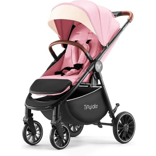 Tinyiota All-Terrain Baby Stroller, 48.5lb Capacity with UPF 50+ Canopy, One-Hand Fold, Microfiber Leather Handle,Near Lie-Flat Mode for Newborn to Toddler (Hot Pink)