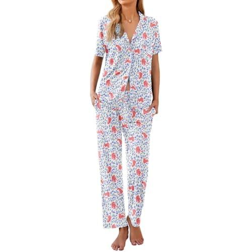 Ekouaer Women Pajamas Set Button Down Sleepwear Short Sleeve Nightwear with Long Pants Soft Pjs Set S-XXL