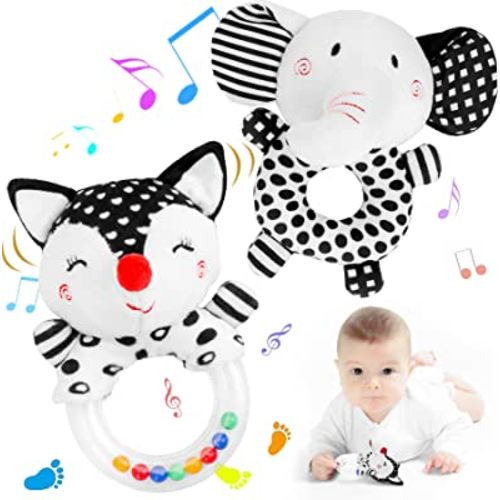 FPVERA Baby Rattles 0-6 Months: Soft Rattles for Babies 0-6 Months Newborn Sensory Toys, High Contrast Black and White Baby Toys 0-3 Months Plush Rattle Toy for Infant Boys Girls Shower Gift, 2PCS