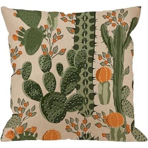 HGOD DESIGNS Cactus Pillow Covers Decorative Green Succulent Cactus and Orange Flowers Cotton Linen Square Pillow Case for Men/Women / 18x18 inch - Light Green and Orange