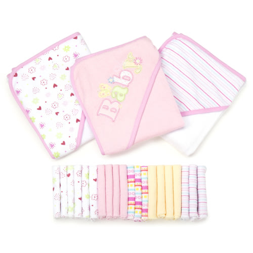 Spasilk Soft Hooded Bath Towels & Washcloths Set for Newborns & Infants, 23-Piece Pink Baby Gift Set