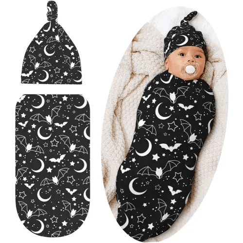 Halloween Goth Baby Stuff Swaddle Blanket Hat Set For Boys Girls, Soft Bat Moon Newborn Sleeping Sack Receiving Blanket Shower Gift