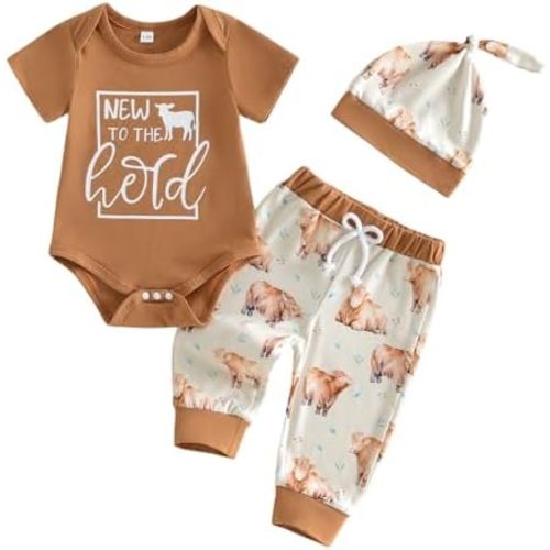 Infant Baby Boy Spring Outfit Cattle Head Letter Short Sleeve Romper Long Pants Hat 3PCs Set Western Clothes