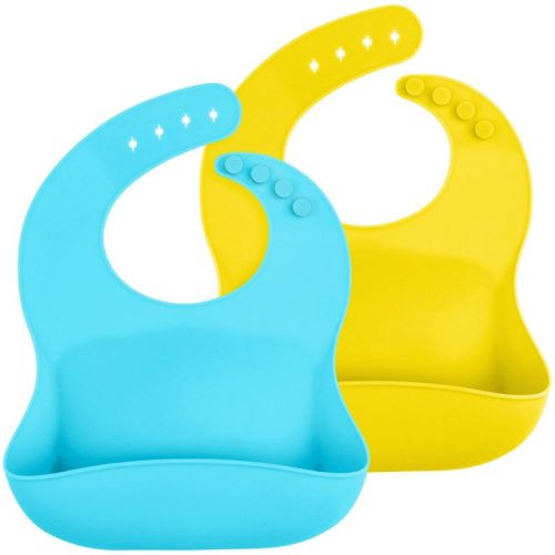 Weesprout Waterproof Silicone Baby Bibs, Pocket To Catch Food - Set Of 2 (blue, Yellow)