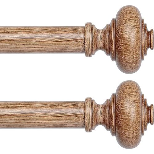 2 Pack Wood Curtain Rods for Windows 30 to 56 Inch, Boho Vintage Decorative 1 Inch Diameter Wooden Curtain Rod, Adjustable Heavy Duty Rustic Farmhouse Drapery Pole with Wood Grain Finials