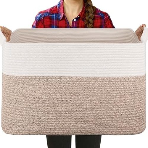Extra Large Laundry Basket, 90L Blanket Basket for Living Room, Cotton Rope Storage Basket, Toy Basket for Kids, Woven Basket for Clothes, Towels, Pillows, 24" x 17" x 14", Brown and White