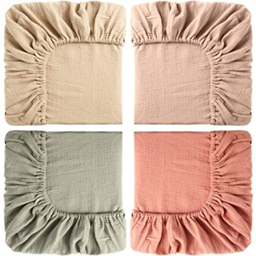 Gerrii 4 Pcs Muslin Mini Crib Sheets Baby Crib Sheets for Boys and Girls Cotton Baby Fitted Crib Sheet Soft Muslin Crib Sheets for Crib Mattress(24 x 38 Inch,Natural Series Color)