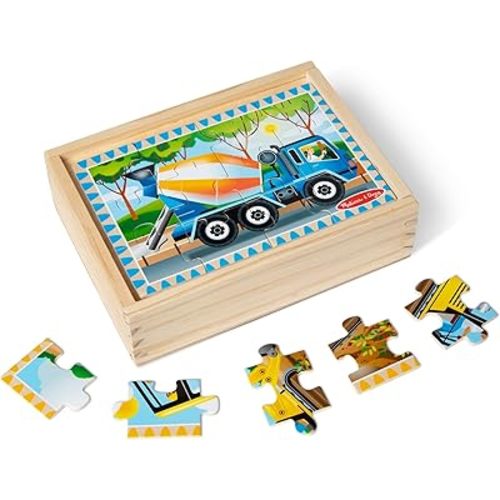 Melissa & Doug 4‑in‑1 Wooden Construction Vehicles Jigsaw Puzzle Set, 48 Pieces with Storage Box, Toddler Puzzle Toy for Kids Ages 3+ - FSC Certified