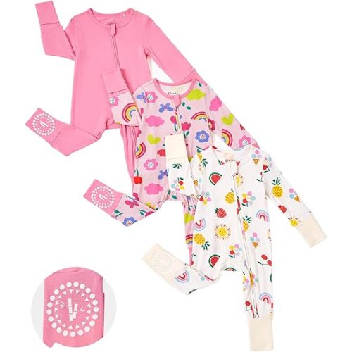 PATPAT Baby Footies Boys Girls - Bamboo Viscose - Zipper & Non-Slip Soles Romper Mitten - Footed & Footless Infant Clothes
