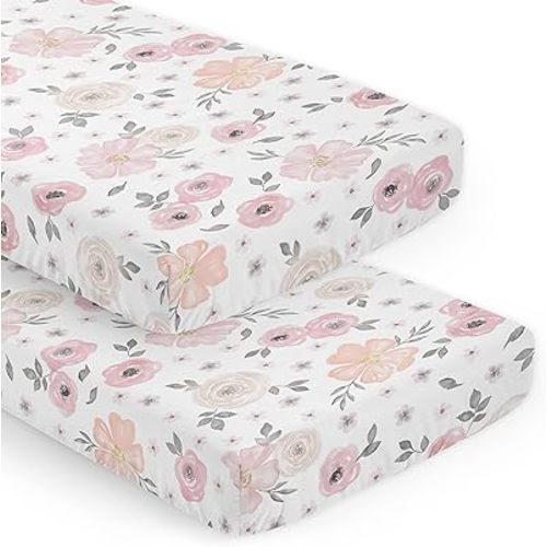 Sweet Jojo Designs 2-Piece Baby Crib Sheets Set (Pink/Grey Boho Floral) for Girls, Infant Nursery, Toddler Room - Standard Size (Blush Rose, Gray, Watercolor, Bohemian, Flower, Farmhouse, Shabby Chic)