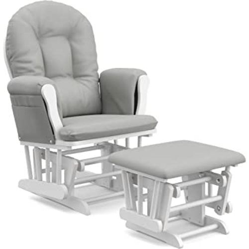 Storkcraft Premium Hoop Glider and Ottoman (White Base, Light Gray Cushion) – Padded Cushions with Storage Pocket, Smooth Rocking Motion, Easy to Assemble, Solid Hardwood Base