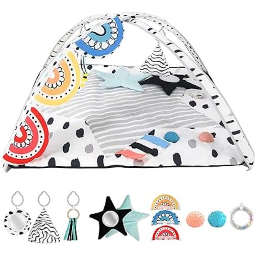 LADIDA Tummy Time Mat, Stage Based Baby Play Gym, Multi-Sensory & Motor Skills Development Baby Play Mat with 12 Toys, Portable Activity Mat Designed for Newborns to Toddler, Easy to Install & Clean