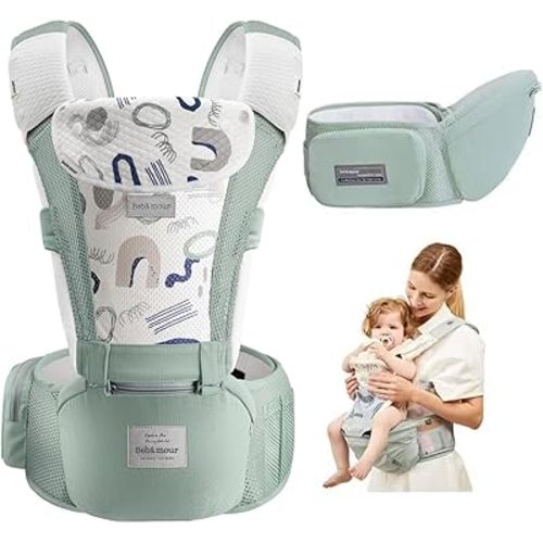 Bebamour Baby Carrier Newborn to Toddler-2 in 1 Hip Seat & Carrier Front and Back Carry with Head Hood & 3 Pieces Teething Pads& Waist Extenders & Storage Bag 0-36 Months (Green)