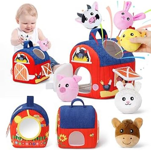 Soft Barn Baby Toys 6-12 Months with Stuffed Farm Animals, Rattle Squeaky Crinkle Sound & Mirror, Montessori Sensory Plush Infant Toy for 6 7 8 9 10 11 Month, 1 Year Old Baby Boy Girl Birthday Gifts