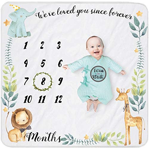 Yoothy Safari Baby Milestone Blanket for Boy & Girl, Gift for Baby Shower, Photo Blanket, Wreath & 12 Stickers Included, Soft Flannel, Elephant & Lion 40''x 40''
