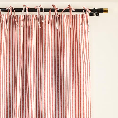THE ART BOX Gauze Striped Curtains,Boho Linen Tie Top Hanging Curtains Light Filtering Door Window Treatment 2 Panel Curtain Drapes for Living Room Bedroom Red on White (72''x42'' Each Panel)
