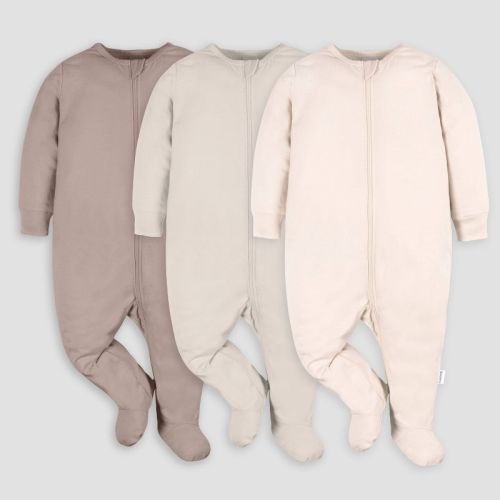 Gerber Baby 3pk Tonal Sleep N' Play - Neutral 0-3m: Cotton Knit Footed Pajamas, Long Sleeve, Inverted Zipper