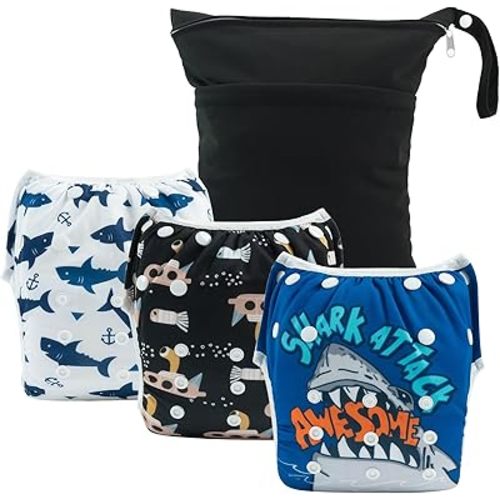 ALVABABY 3pcs Baby Swim Diapers with 1pcs Wet Bag Reuseable Washable & Adjustable for Swimming Lesson & Baby Boy and Girl 3YKL06