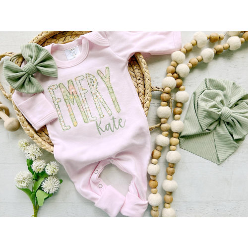 Personalized pink and floral baby girl romper with fold over footies, coming home outfit, baby shower gift, light pink and green sleeper