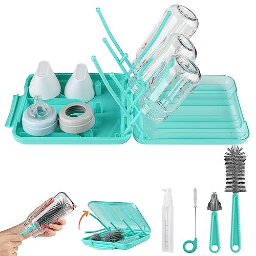 YomauiYee 6 in 1 Bottle Brush Set,Bottle Cleaner Brush Kit with Bottle Brush,Drying Rack,Nipple Brush,Straw Brush,Soap Dispenser&Storage Box,Portable Baby Essentials for Home&Travel