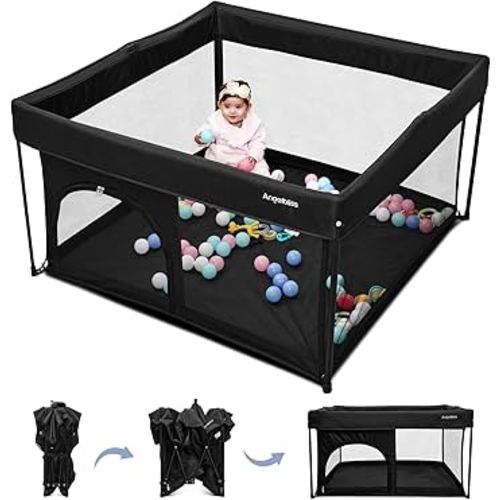 ANGELBLISS 50x50 Foldable Baby Playpen with Carrying Bag & Safety Lock - ASTM F406 Certified Baby Fence for Indoor/Outdoor, Lightweight Portable Play Yard with Breathable Mesh (Black)