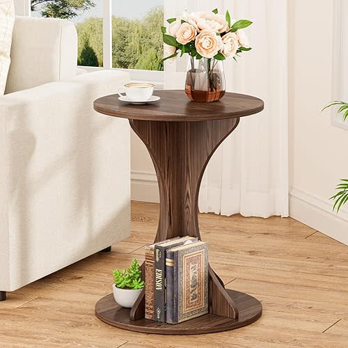 Round Side End Table - Wood Accent Coffee Table for Living Room, Modern Circle Nightstand with Pedestal for Small Spaces Bedroom Sofa, Vintage Corner Couch Bedside Table (Rustic Brown)