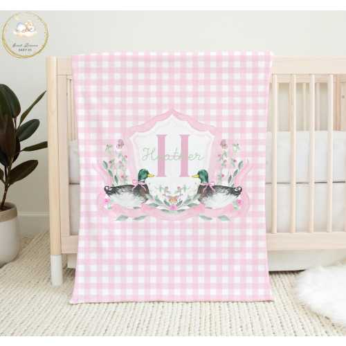 Mallard Duck Baby Blanket Girl, Pink Baby Blanket, Custom Baby Blanket, Pink Gingham Baby Shower Gift, Duck Baby Gifts, Duck Nursery Bedding