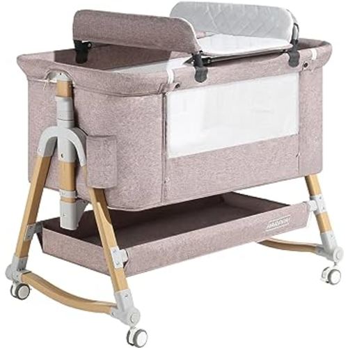 Baby Bassinet Bedside Sleeper(Diaper Changing Station+Mosquito Net Included), Adjustable Bedside Crib with Storage for Newborns, Portable Bassinet with Anchor Strap (Wood Grain, Khaki)
