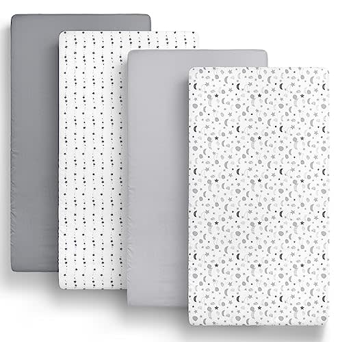 The Peanutshell Fitted Crib Sheets Set, Unisex 4 Pack Celestial Print, Grey Moon & Stars