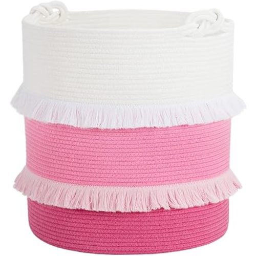 CherryNow Extra Large Woven Storage Baskets – 16'' x 17'' Cotton Rope Decorative Pink Hamper for Nursery, Toys, Blankets, and Laundry, Cute Tassel Nursery Décor for Baby & Girl