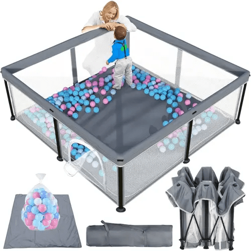 TOREVSIOR Foldable Baby Playpen with Mat, 50"×50" Collapsible Play Pen for Babies and Toddlers, Indoor & Outdoor Kids Safety Play Pen, Portable Play Yard, Foldable Baby Playpen with 50 Ocean Balls