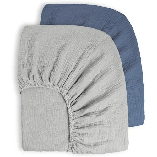 Muslin Crib Sheets 100% Cotton Baby Crib Sheets Fitted for Standard Crib Mattress & Toddler Bed Mattress 52"x28" Soft Breathable Crib Sheets Neutral for Boys Girls - 2 Pack (Blue Elephant)