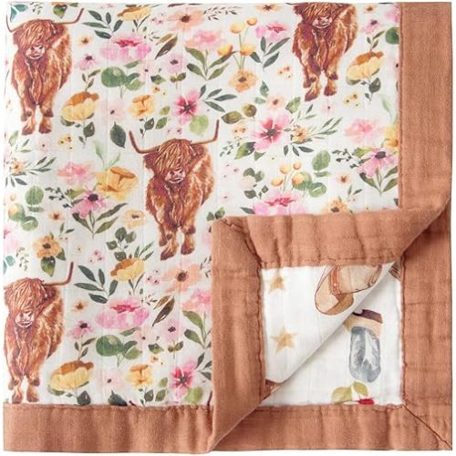Little Jump Cowgirl Floral & Highlandcow Muslin Blanket Baby Quilt - Silky Soft and Breathable Crib Blanket for Daycare - Large 47" x 47" - 2 Layers Toddler Summer Blankets for Girls (Cow Girl)