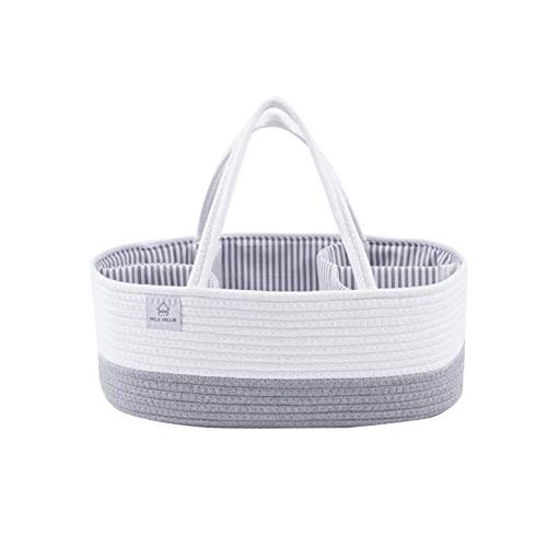 Mila Millie XXL Extra Large Cotton Rope Diaper Caddy, Storage Bin for Nursery Essentials, 100% Natural Cotton Eco-Friendly, Organizer with Removable Divider (White & Gray)