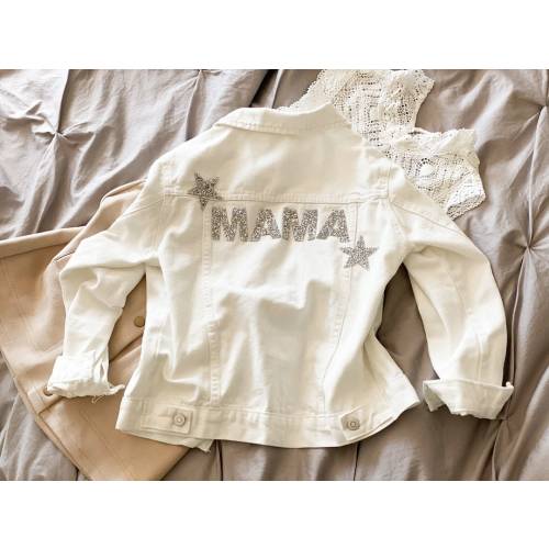 Mama Jacket Mama Jean Jacket Mama Denim Jacket Baby Shower Gift for New Mom Gift Ideas (EB3362SQP) WHITE
