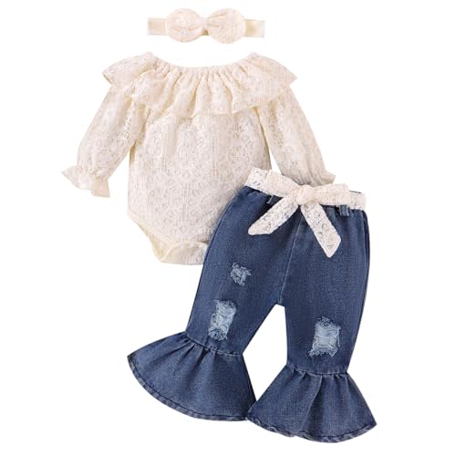 FOCUTEBB Baby Girl Clothes Lace Off Shoulder Romper Flare Jeans Pants Headband and Belt 4pcs Outfit 3-24 Months