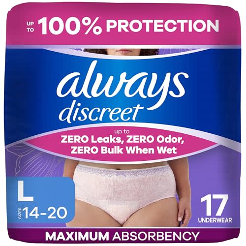 Always Discreet Adult Diapers for Women, Incontinence Underwear, Postpartum Essentials, Disposable Briefs, Max Absorbency, Bladder Leak Protection, Large, 17ct